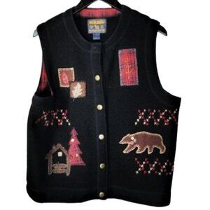 Vintage 80s Black WOOLRICH Navajo Red Bear Patch Oversized 100% Wool Vest